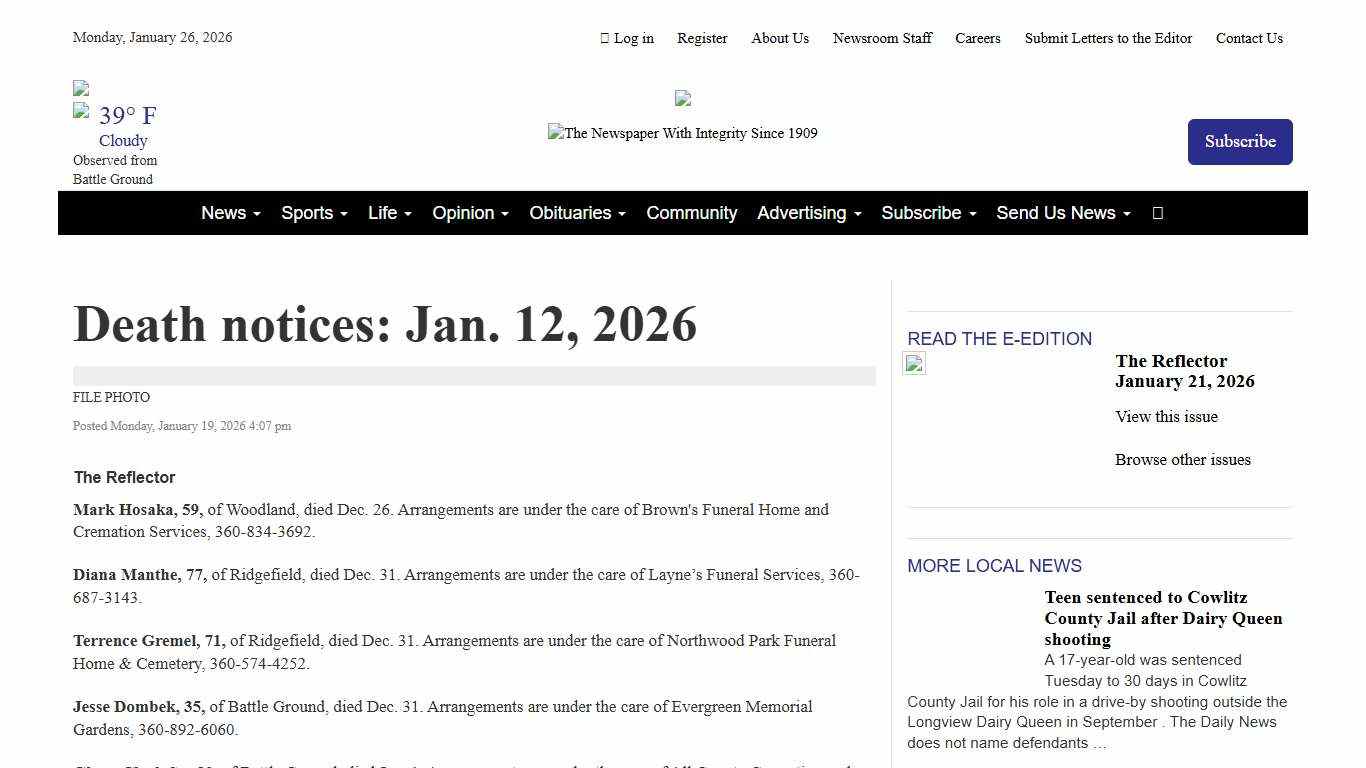 Death notices: Jan. 12, 2026 The Reflector